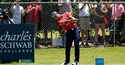 Gary Woodland tees off on the second hole during the final round of the Charles Schwab Challenge golf tournament at the Colonial Country Club in Fort Worth, Texas, Sunday, June 14, 2020.