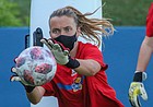 Kansas soccer goalkeeper Sarah Peters grabs for the ball during a preseason practice on Aug. 5, 2020.