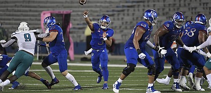 Kansas quarterback Miles Kendrick makes a throw on Sept. 12, 2020, versus Coastal Carolina at David Booth Kansas Memorial Stadium.