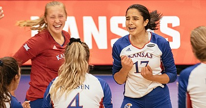 KU freshman Ayah Elnady (17) celebrates a point with her teammates during the Jayhawks' season-opening, five-set victory over Baylor on Friday, Sept. 25, 2020 at Horejsi Family Volleyball Arena.