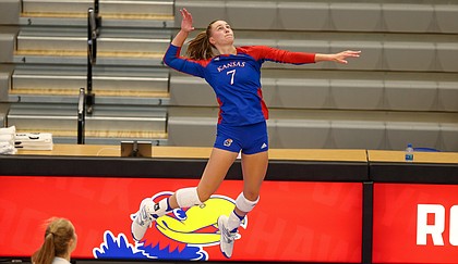 KU senior Jenny Mosser prepares to swing during the Jayhawks' home match against Baylor on Saturday, Sept. 26, 2020 at Horejsi Family Volleyball Arena.