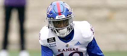 Kansas wide receiver Steven McBride runs the ball the first half of an NCAA football game against Kansas State Saturday, Oct. 24, 2020, in Manhattan, Kan. (AP Photo/Charlie Riedel)