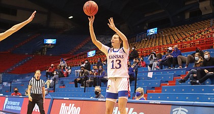 Kansas sophomore Holly Kersgieter fires a shot during a game Northern Colorado Wednesday night at Allen Fieldhouse. The KU women's basketball team secured a 78-62 win over Northern Colorado in the season opener on Nov. 25, 2020.