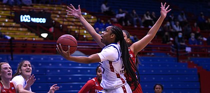 Kansas guard Chandler Prater swoops in for a shot attempt versus Texas Tech on Jan. 20, 2021, in Allen Fieldhouse.