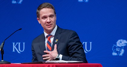 Travis Goff, a 2002 graduate of the University of Kansas and native of Dodge City, introduces himself as KU’s new athletic director Wednesday, April 7, 2021, at the Lied Center on KU's west campus.