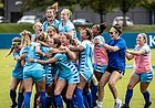 The Kansas women's soccer team celebrates its 2-1, double-overtime victory over No. 9 West Virginia on Sunday, Oct. 10, 2021, at Rock Chalk Park. 