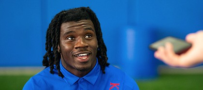 Kansas safety Kenny Logan Jr. talks with media members during interview on Tuesday, Aug. 17, 2021 at the Indoor Practice Facility.