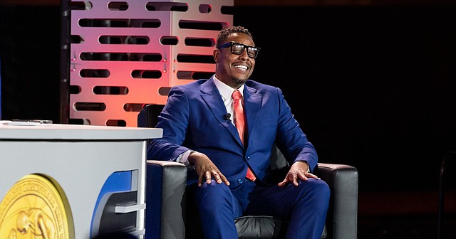 Former Kansas basketball legend Paul Pierce smiles during an interview at the National Collegiate Basketball Hall of Fame in Kansas City, Mo., where he was enshrined as a member of the 2021 class on Sunday, Nov. 21, 2021. 