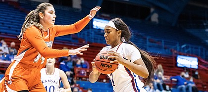 Kansas center Taiyanna Jackson looks to get to the basket against Texas Rio Grande Valley, on Dec. 1, 2021, inside Allen Fieldhouse.