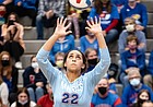 KU setter Camryn Turner locks in on the ball during a point in the Jayhawks' four-set win over Oklahoma on Saturday, Oct. 30, 2021 at Horejsi Family Volleyball Arena. 