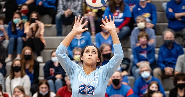 KU setter Camryn Turner locks in on the ball during a point in the Jayhawks' four-set win over Oklahoma on Saturday, Oct. 30, 2021 at Horejsi Family Volleyball Arena. 