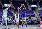 Kansas junior Holly Kersgieter elevates to shoot during the Jayhawks' 78-72 win over TCU in Fort Worth, Texas on Monday, Jan. 10, 2022. (Damon Young/Kansas Athletics) 