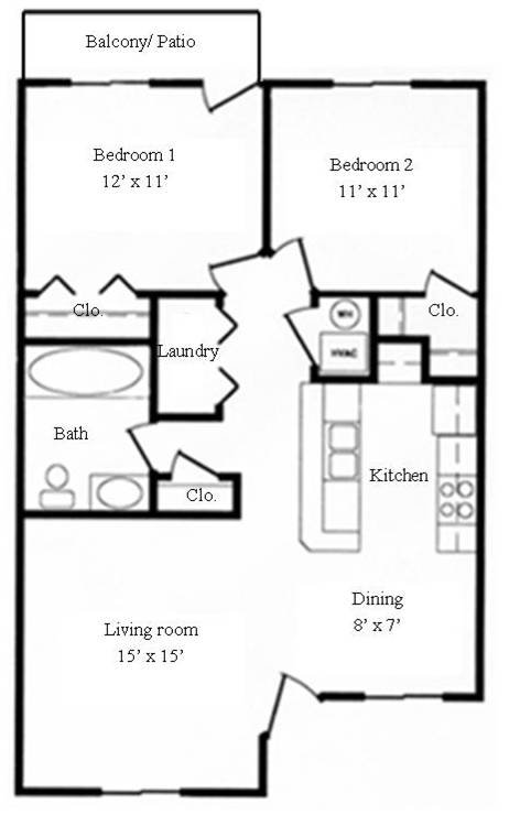 2 Bedroom, 1 Bath Apartment