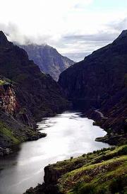 The Snake River, dividing Idaho on the right and Oregon on the
left, heads north through the steep canyon walls of Hells Canyon as
seen from Black Point, Idaho. The Snake River begins in Yellowstone
National Park, and meanders for 1,035 miles through Wyoming and
southern Idaho, then north to form the boundary between Idaho and
Oregon. Finally, it enters Washington and turns southwest to join
the Columbia River.