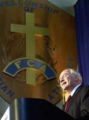 Republican vice presidential candidate Dick Cheney speaks on the
importance of teaching character in America's schools. Cheney
appeared Tuesday on a campaign stop at the Fellowship of Christian
Athletes headquarters in Kansas City, Mo.