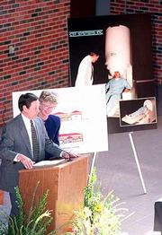 Kansas University Alumni Forrest and Sally Hoglund explain their $7
million gift to the KU Medical Center. Of the amount, which was
announced during a Monday news conference, $4 million will finance
construction and startup of the Hoglund Brain Imaging Center at
KUMC.