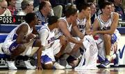 KU players, from left, Mario Kinsey, Lewis Harrison, Luke Axtell,
Nick Collison and Jeff Carey prepare to check in. The mass
substitution came early in Thursday's game, when Kansas coach Roy
Williams became miffed at his starters.