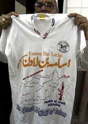A T-shirt with the name of Osama bin Laden is shown in Peshawar,
Pakistan. The shirt has unauthorized Nike logos around the collar.
