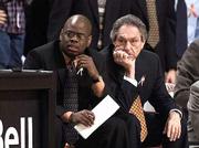 Oklahoma State coach Eddie Sutton, right, and assistant Glynn
Cyprien watch the Cowboys during a Feb. 5 game against Missouri.
OSU will play Kansas today at Allen Fieldhouse.