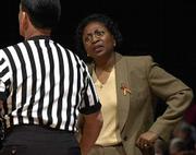 KU coach Marian Washington disagrees with an official's call. The
Jayhawks couldn't overcome Texas Tech, falling 49-45 Wednesday
night at Allen Fieldhouse.