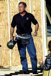 President Bush takes a break from a Habitat for Humanity
construction project in Tampa, Fla. The nonprofit, faith-based
ministry program that provides housing for low-income Americans,
marks its 25th anniversary Tuesday. Bush helped the construction
crew for about 30 minutes on Tuesday.