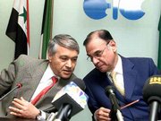 Organization of Petroleum Exporting Countries member states will
keep pumping oil at current levels, despite Iraq's move to suspend
crude exports. Khelil Chakib, left, Algeria's minister of Energy
and Mines, discusses the situation Tuesday with Ali
Rodriguez-Araque, OPEC secretary general.