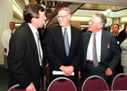 Among the beneficiaries of the Hall Family Foundation's record $42
million gift to Kansas University will be the School of Business.
Before Tuesday's announcement was made, Bill Fuerst, KU business
dean, left, chatted with Bill Hall, president of the Hall Family
Foundation, center, and Morton Sosland, trustee for the foundation.