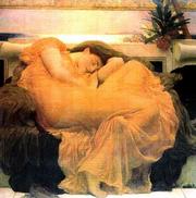 Gentle rapture of youth, Drift to my intoxicated eyelids. I rest,
While, like a nocturnal torch, My dreams fire Freely into flight. I
am languid, Full of secret desire, Desire to awake. My mind widens,
Expands, and, with spread wings, My soul soars Into a cloud Of
golden pleasure, Incarnate incantations of flaming orange sunsets.
I savor the subtle longing That pools in my concealed pupils, The
secret yearning to eternally sleep. My dreams are momentarily
scorched By a rising thread of smoke, Soon settling on my
declaration of rest. I will grant my mind the pleasure of
wandering, As I dream, As I wait, For the gentle rapture of youth
To fall upon My weary, Love-lost soul. by Sarah Lockwood, inspired
by Frederick Leighton&squot;s "Flaming June"