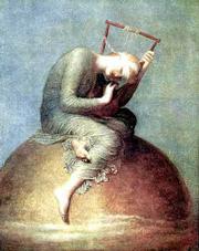 I lie, wilting on my peach fabric Which cascades solemnly down,
Underneath my pale, sullen face. I spin my strands, golden, of
hair, And gather them aimlessly Beneath my undulating feet. Winds
wisp away my body, And I disappear, My soul aphonic, My words
indiscernible, And my eyes furtive. I realize what I am: Only
pieces of you, Fractions of all that I apprehend with fear. I am my
own worst enemy, A prowling panther Seizing my ravaged heart
Recklessly in his teeth With every intent to destroy my beauty, To
destroy my ignorance, To destroy my hope. I lie, focused on myself,
Realizing manifest truths Beyond these rose-colored glasses, Beyond
the obvious. Knowing I will not change, A teardrop falls in shame.
As a sacrifice, I unveil my melancholy grin, I wilt, And I die. by
Suzy Mosher, inspired by George Fredrick Watts&squot; "Hope"