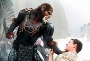 In the heat of battle, Thade (Tim Roth, left), the ape military
leader, tries to subdue Leo (Mark Wahlberg) in the 20th Century Fox
summer release "Planet of the Apes."