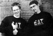 Playwrights Michael O'Brien, left, and Alan Newton were recognized
in April at the 2001 American College Theatre Festival at the
Kennedy Center in Washington, D.C. O'Brien's "Bunnies," which was
co-produced by English Alternative Theatre and Cardtable Theatre,
was performed at the Kennedy Center during the festival. Newton's
"Whiteout" won the top prize in the Lorraine Hansbery Playwriting
Competition. Both are studying playwriting with Paul Stephen Lim,
English professor at Kansas University.