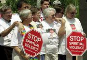 Pro-gay demonstrators protest this week outside the Evangelical
Lutheran Church in America's national assembly meeting hall in
Indianapolis. The nation's fifth-largest Protestant denomination
decided Monday to undertake a major study on homosexuality
including looking at whether to bless same-sex couples and ordain
actively gay and lesbian clergy.
