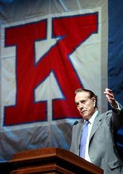 Former Sen. Bob Dole addresses the crowd during the groundbreaking
ceremony for the Robert J. Dole Institute of Politics at Kansas
University. The new building will house Dole's political archives.