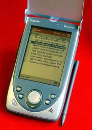 The Hewlett-Packard Jornada 565 uses Microsoft's Pocket PC
operating system, version 2002. It contains richer color graphics,
new applications and more input options, including a feature that
attempts to translate your scrawl into live text.