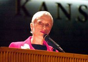Sara Paretsky, a graduate of Lawrence High School and Kansas
University, has broken barriers for female writers with her
introduction of her private detective V.I. Warshawski. Paretsky was
the inaugural speaker at the Emily Taylor and Marilyn Stockstad
Women's Leadership Lecture.
