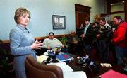 Kansas Atty. Gen. Carla Stovall, left, discusses her reaction to
the decision handed down by the Kansas Supreme Court Friday in
Topeka involving the Kansas v. Kleypas murder trial in Crawford
County. Kansas' death penalty law survived its first challenge when
the state Supreme Court upheld a killer's conviction and the
constitutionality of capital punishment.