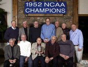 Members of KU's 1952 basketball team returned to Lawrence this
weekend to celebrate the 50th anniversary of their NCAA national
championship. They are, from left, (front row) Dean Smith, Bob
Kenney, manager Wayne Louderback, Bill Lienhard, B.H. Born, (back
row) Bill Heitholt, Everett Dye, Jerry Alberts, Clyde Lovellette,
Bill Hougland, Charlie Hoag and Allen Kelley. The team gathered at
Hougland's home Friday in Lawrence and will be honored at halftime
of today's game against Colorado at Allen Fieldhouse.