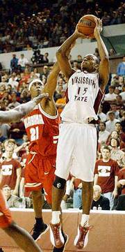 Mississippi state guard timmy bowers (15) shoots a three-pointer
over Alabama's Rod Gizzard. Mississippi State knocked off No. 5
Alabama, 76-62, on Saturday at Starkville, Miss.