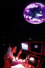 Members of the creative team at the Rose Center for Earth and Space
at New York&squot;s American Museum of Natural History work on the new
computer-generated show "The Search for Life: Are We Alone?" The
23-minute production probes the question of life beyond Earth by
taking viewers from the blackest depths of the ocean to the cosmos
outside the Milky Way galaxy.
