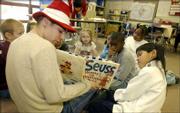 Free State High School senior Stephen Moles, 17, donned a Dr. Seuss
hat to read to Linda Anguiano's second-grade class at Quail Run
School on Friday morning as part of Read Across America 2002
festivities.