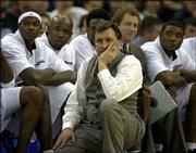 Cincinnati coach Bob Huggins watches from the bench against UCLA.
The No. 8-seeded Bruins ousted the No. 1 Bearcats, 105-101 in
double overtime, in their second-round NCAA Tournament West
Regional game Sunday in Pittsburgh.