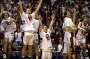 Players on Oklahoma's bench celebrate as the Sooners increase the
lead over Duke. Oklahoma won its NCAA Women's Final Four semifinal
game, 86-71, Friday night in San Antonio.