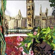 Each F.A.N. Club member created a panel using images of Ottawa,
Canada, that will be assembled into a larger artwork for the
international show. In a similar manner, the Canadian artists used
images of Lawrence. This panel is by Nan Renbarger of Lawrence.