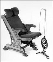 This 1880 dental chair that was made in London sold last year at a
German auction for $8,200. It is a wooden chair with a
floor-standing drill.