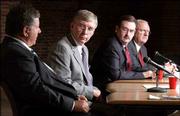 Republican gubernatorial candidates, from left, Dan Bloom, Dave
Kerr, Tim Shallenburger and Bob Knight await questions from Kansas
newspaper editors. The four and later Democratic gubernatorial
candidate Kathleen Sebelius participated in question-and-answer
sessions Saturday at the Journal-World.