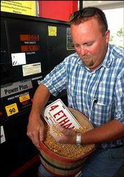 Brian Pine, a Lawrence farmer, promotes the use of ethanol-blended
gasoline. Pine says use of the product benefits farmers, engines
and the environment. He is one of the organizers of an upcoming
rally in Lawrence aimed at educating consumers about the product.