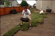 Quinton Galtney, left, lays a roll of sod as co-worker Brian Crisp
tucks in the edges of a new lawn at 1108 Langston Court.