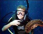 Thomas secured a sea cucumber on his first dive after becoming a
certified diver. His advice to anyone interested in diving: "Don't
get scared about the depth. The almost weightless experience is
worth it."