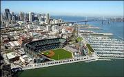 Pacific Bell Park, home of the San Francisco Giants, is shown in
this aerial photo of San Francisco. The World Series shifts to Pac
Bell tonight when the Giants play host to Anaheim.