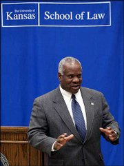 U.S. Supreme Court Justice Clarence Thomas speaks to KU Law
students at Green Hall during a question-and-answer session. The
Supreme Court justice capped his tour of KU on Tuesday with the
question period.